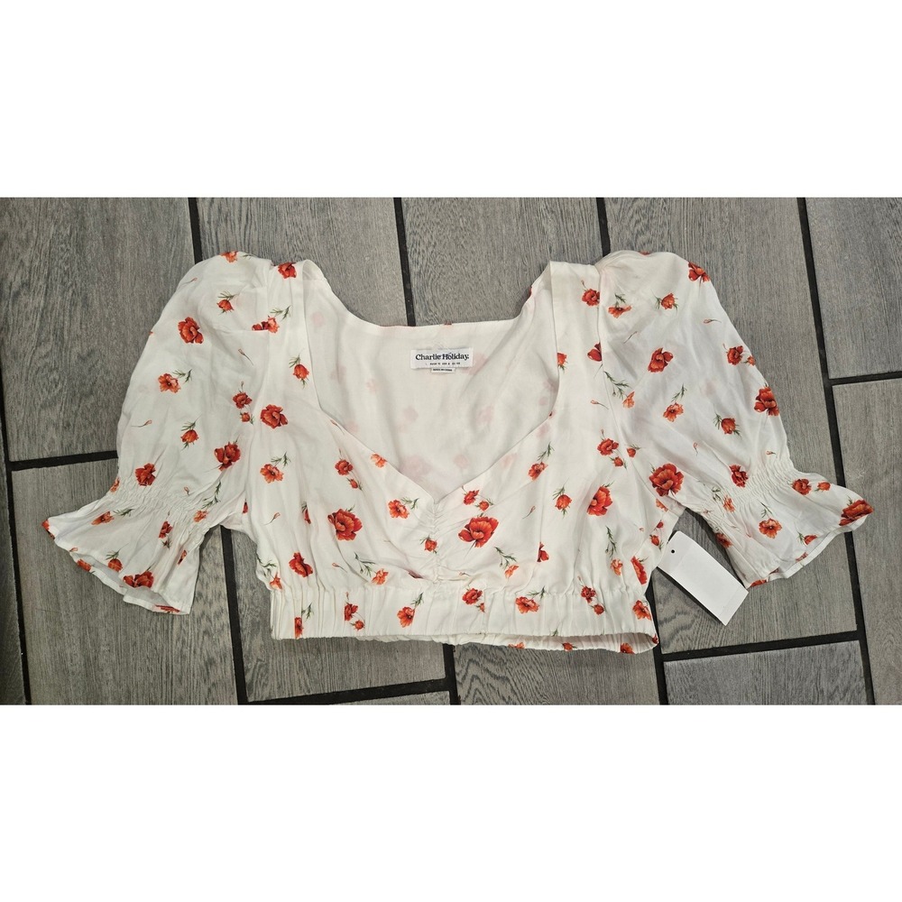 Charlie Holiday Valentine Top White Floral Off Shoulder Puff Sleeve Blouse L NEW